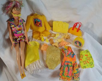 Barbie. Babie accessories. Barbie purse. Barbie case. Barbie hangers. Barbie clothes lot. Barbie Sunglasses. Barbie brush. Barbie sun dress