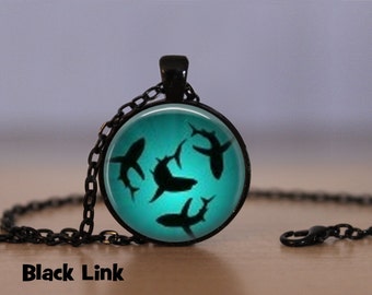 Circling Sharks Pendant Necklace 1" Glass Dome Cover Jewelry Charm Round Circle - Plated Silver or Brass or Copper or Black