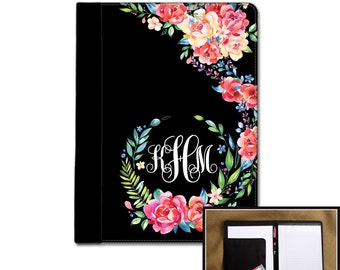 Classy Black Floral Monogrammed Padfolio Notebook Notepad Portfolio Personalized Custom Monogrammed Gift College Graduation Gift for Her