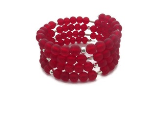 Red Wrap Bracelet, Red Sea Glass Bracelet, Red Boho Cuff, Memory Wire Red Bracelet, Red Beach Glass Bracelet, Red and Silver Cuff Bracelet