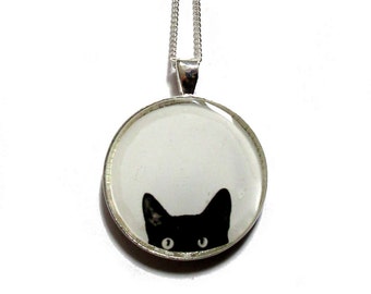BLACK CAT NECKLACE - Peeking Cat - cat necklace - cat jewelry - black cat necklace - black and white statement necklace - peeking cat