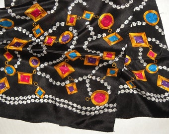 1980s Jewelry Print Silk Scarf / Luxe Luxury Statement / Bow Rectangle / Vintage / 52" x 9.75"
