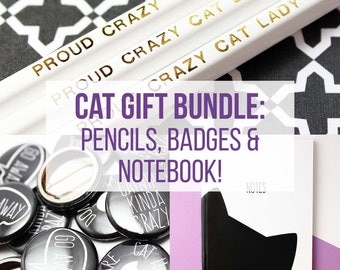 Funny cat gift bundle, cat birthday present, button badges, funny engraved pencil and notebook gift set