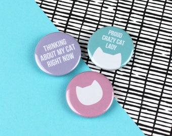 Cat button badges, crazy cat lady gift, set of 3 pastel cat 25mm badges, cat magnets