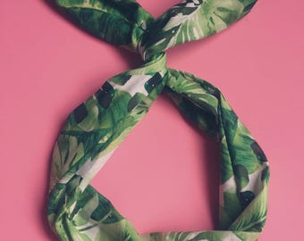 Palm Leaf Wire Headband- Wide Headband Boho, Turban Headband Boho, Yoga Headband, Dolly Bow, Floral Headband, Palm Tree, Tropical Print