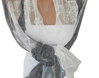 Lace Shawl Scarf Gray Scarf Ivory Wedding Scarf Wrap Gift For Her For Women Bridesmaids Gifts Bridal Scarf Fashion Accessories For Bride
