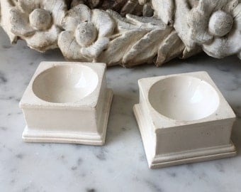 pair 1700s antique French faience salt cellars, 18th century earthenware salt cellar
