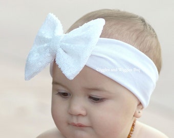 Baby headbands, white bow headband, white baby headwrap, sparkle bow headband, baby head wrap, baby bows, sequin bow headband