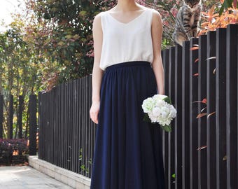 High Waist Dark Blue Skirt / Elegant Maxi Skirt / Chiffon Wedding Skirts / Summer Event Skirt /Floor Length Long Skirt (108), #18