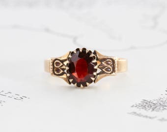 Victorian Garnet Ring, Antique 10k Yellow Gold Garnet Solitaire Alternative Bohemian Engagement Ring, January Birthstone Jewelry