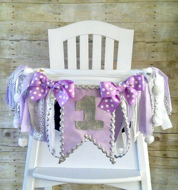 Lavender Silver and White Fabric High Chair Banner Can Be
