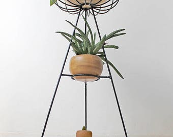 FREE GLOBAL SHIPPING / Mid Century Modern Bohemian 3 Tier Tripod Wire String Plant Stand Eames Dowel Base Herman Miller Bullet Planter mcm