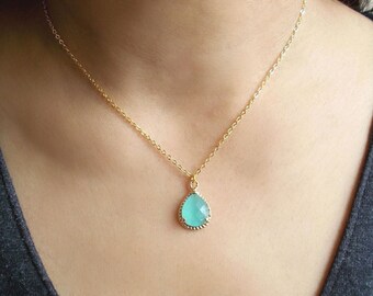 Mint Crystal Necklace - Gold Dainty Minimal Necklace - Mint Green Bridesmaids Jewelry - Bride Maid of Honor Gift - Wedding Crystal Jewelry