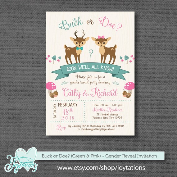 Buck Or Doe Gender Reveal Invitation Printable Green And Pink Deer buck-or-doe-gender-reveal-invitation-printable-green-and-pink-deer