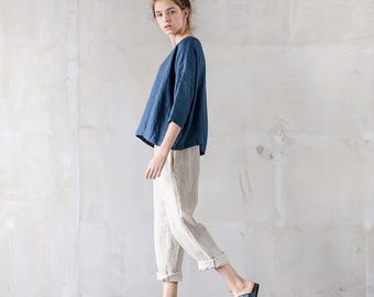 Natural loose linen pants / Washed women linen trousers / Slightly tapered linen pants