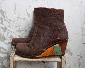 Women's Brown Leather Wood Ankle Boots EUR 40 UK 6,5 US 9