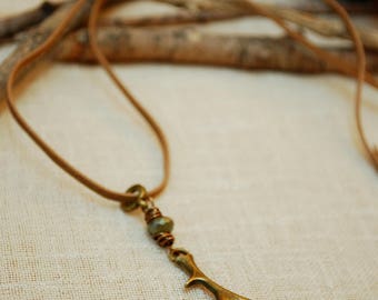 Deer Antler leather necklace, deer purse charm jewelry, Animal pendant, green beaded adjustable necklace, men's hunting brown necklace