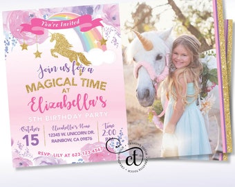 Unicorn Invitation, Unicorn Invite, Pink and Gold, Rainbow Unicorn Birthday Invite, Magical, Sprinkle Invite, Gold Glitter, Pastel Rainbow