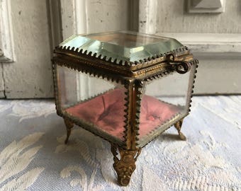 Antique French gold ormolu jewelry box, beautiful glass topped filigree chest 1880's boudoir trinket storage Downton Abbey, Superbe gift,