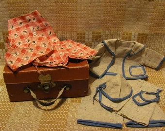 Antique Doll Suitcase & Two Vintage Doll Outfits