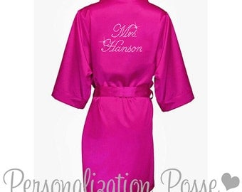 Bride Robe, Personalized Robe, Custom Mrs. Rhinstone Embellished Satin Robe, Wedding Party Robe,