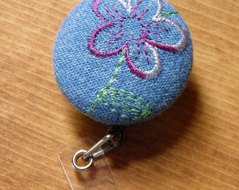 Retractable badge reel, denim embroidered