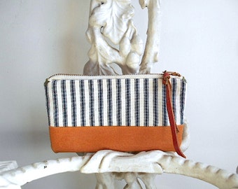 SALE Indigo ticking stripe, waxed canvas small pouch, utility - eco vintage fabrics