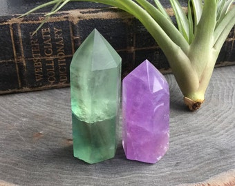 Amethyst and Fluorite crystal point, Gemstone set, obelisk, tower, altar, reiki wiccan