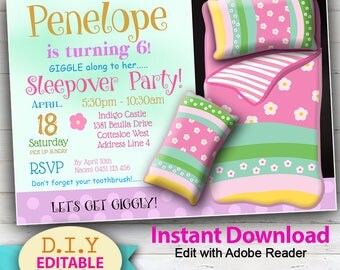 EDITABLE - Sleepover or Slumber party invitation, Edit with Adobe Reader, Pyjama party, Cute girls birthday inviation.