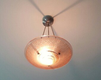 Pink Art Deco Light Fixture - "H. Petitot" 1930s Unsigned - French Acid Etched Hanging Lamp - Nickel Hanging Mechanism - Art Deco Jewel