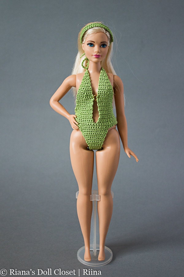 Curvy Barbie doll bathing suit wiht matching headband green