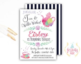 Wellie Wishers - Birthday Invitation - Tea Party - Watercolor - American Girl Inspired - FREE PRIORITY SHIPPING or Diy Printable