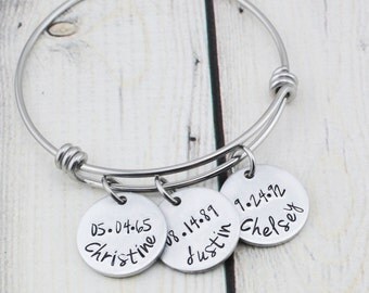 Custom Name Bracelet with Birthdates - Personalized Mom Bangle Bracelet - Hand Stamped Kids Name Bracelet - Personalized Bracelet for Women