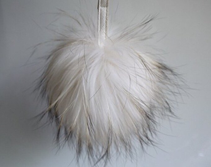 Ivory with natural markings Raccoon Fur Pom Pom luxury bag pendant + black flower clover charm keychain or strap and buckle