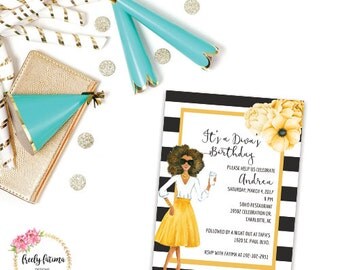 Black and White Stripe - Floral Birthday Invitation - Diva Birthday - African American - Black Girl Magic - Printable Invitation