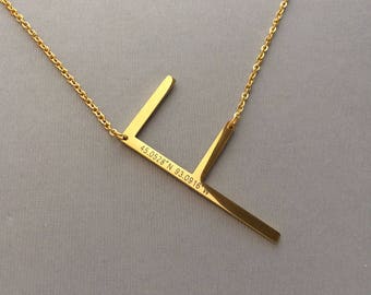Oversize Letter Necklace - Large Letter Initial Necklace - Sideways Letter - Engraved Coordinates - Gold Plated Necklaces