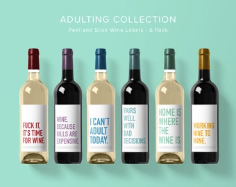 Adulting Wine Label Collection | Wine Label 6 Pack | Funny Wine Labels | Wine Label | Wine Bottle