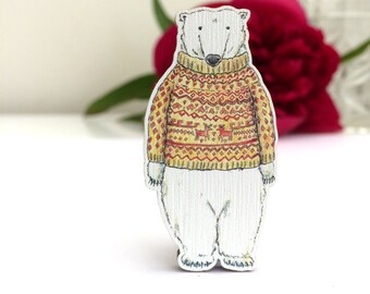Wooden Polar Bear Brooch
