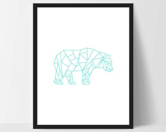 Teal Geometric Bear, Printable Wall Art, White, Wall Print, Boho Art, Wall Prints, Bear Prints, Printable Art, Printable, Walking Bear