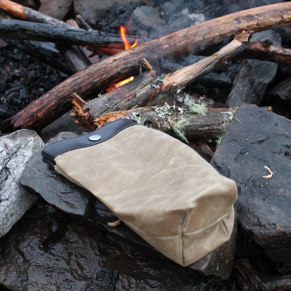 Handmade Waxed Canvas Ditty Bag with Black Leather Top for