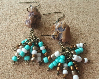Turquoise White and Gold Seed Beed Dangle Earrings (201727E)