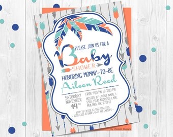 Tribal Arrow Baby Shower Invitation, Boho Navy Orange Green Teal, Tribal arrow, Tribal baby shower, Arrow baby shower, Boho Chic, Arrows