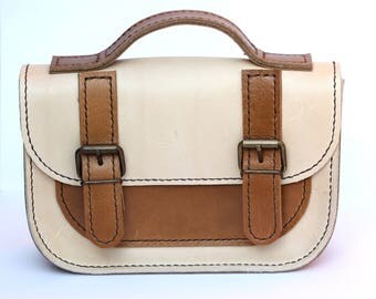 Hand Stitched Genuine Classic Mini Me Leather Satchel - Thick Cream & Tan Brown