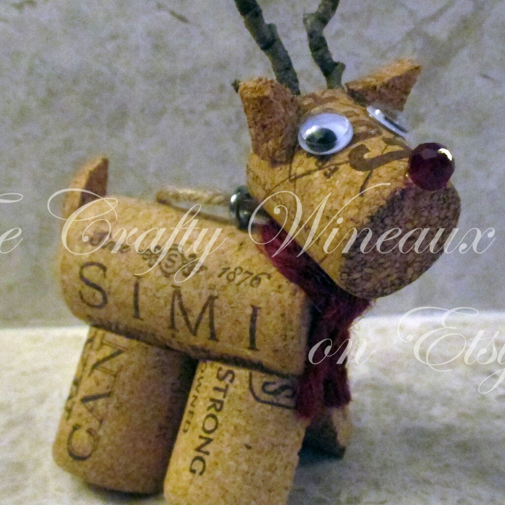 Rudolph Reindeer Sage Green Twine and Wine Cork Ornament