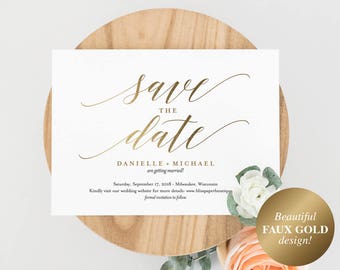 Faux Gold Save the Date Template, Save the Date Cards, Save the Date Printable, Bliss Paper Boutique, PDF Instant Download #BPB324_2B