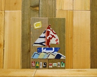 SAILBOAT License Plate Art Sign using recycled vintage license plates