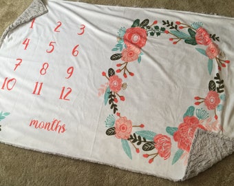 Baby girl milestone blanket / Double minky blanket / Floral minky blanket / Coral and teal blanket / Baby girl photo prop / Baby photo shoot