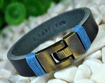 Personalized Leather Bracelet, Hidden Message, Custom Leather, Men's Bracelet, Engraved Bracelet, Bronze Clasp, Women's Bracelet, Dark Navy