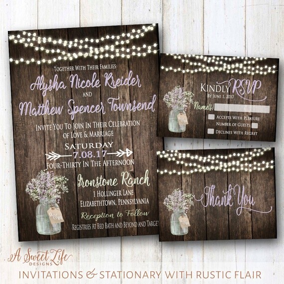 Baby's Breath Wedding Invitation Rustic Wood Invite