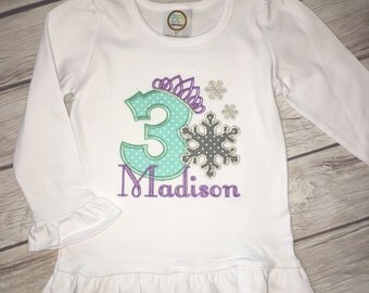 Appliqué Ice Princess Birthday Shirt! Snowflake, Frozen, Ruffles, Name, Number